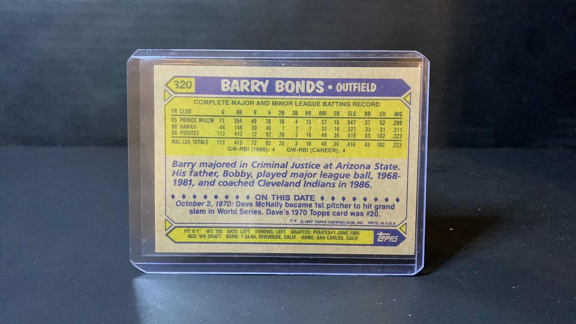 Photo 2 of 1987 BARRY BONDS TOPPS ERROR CARD 320