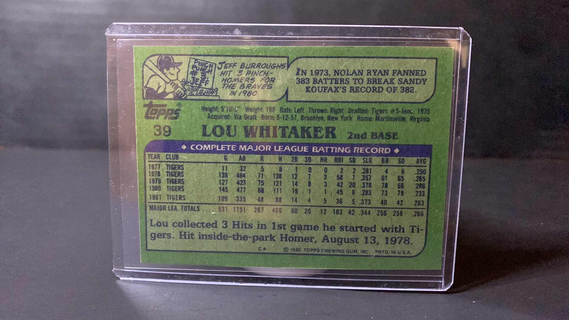 Photo 2 of 1982 TOPPS LOU WHITAKER TIGERS CARD