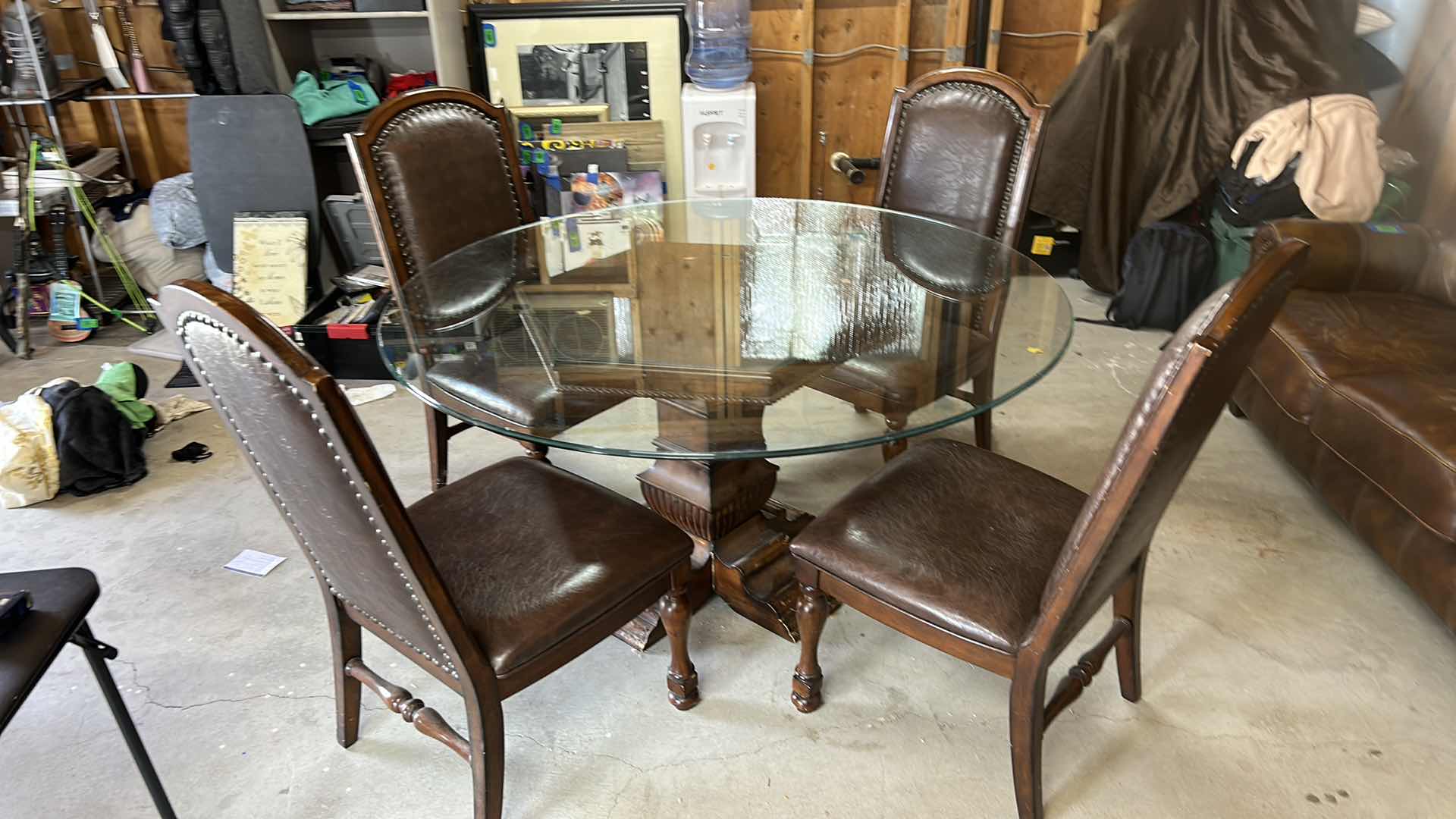 Photo 7 of WOOD GLASS TOP ROUND PEDESTAL TABLE W FOUR LEATHER AND WOOD CHAIRS 5’ x H 30”