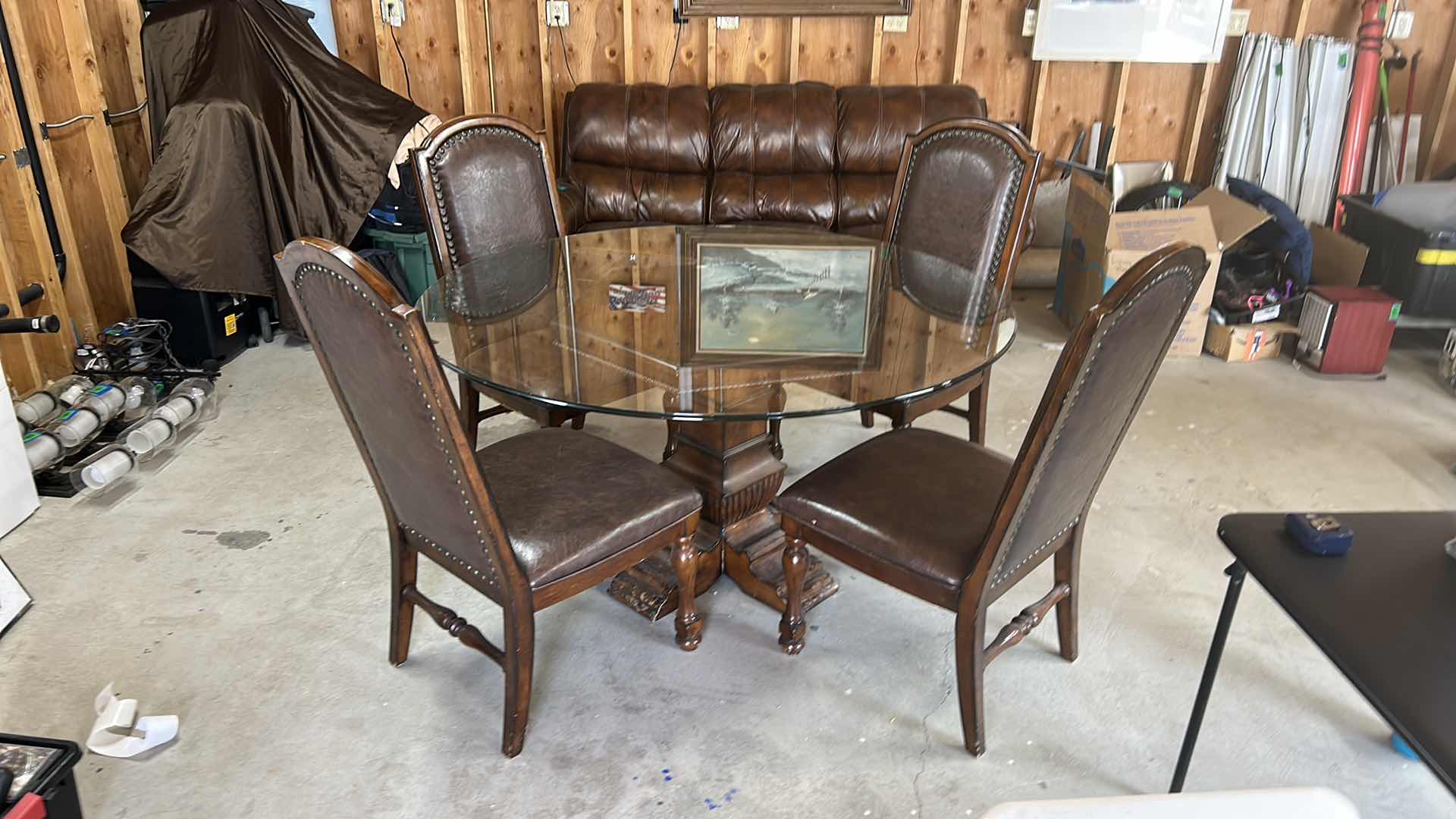 Photo 3 of WOOD GLASS TOP ROUND PEDESTAL TABLE W FOUR LEATHER AND WOOD CHAIRS 5’ x H 30”