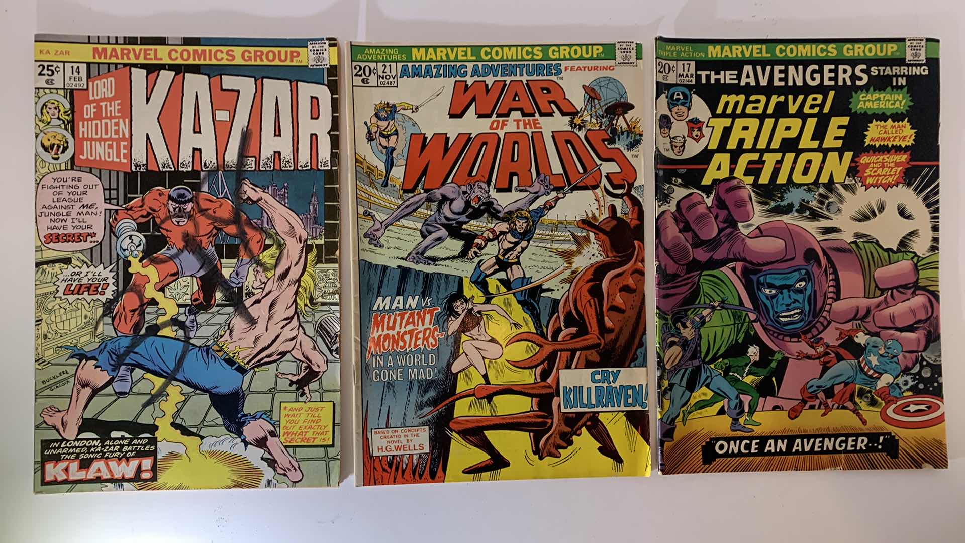 Photo 1 of MARVEL 1973 AND 1976 KA-ZAR, WAR OF THE WORLDS, AND THE AVENGERS COMICS