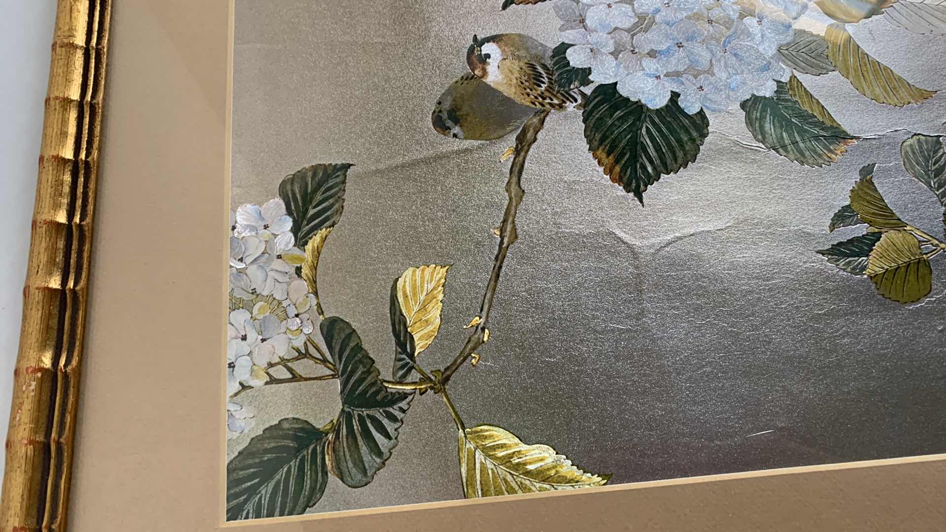 Photo 2 of $135 ASIAN METALLIC ART PRINT BIRDS AND FLOWERS 31” X 17”