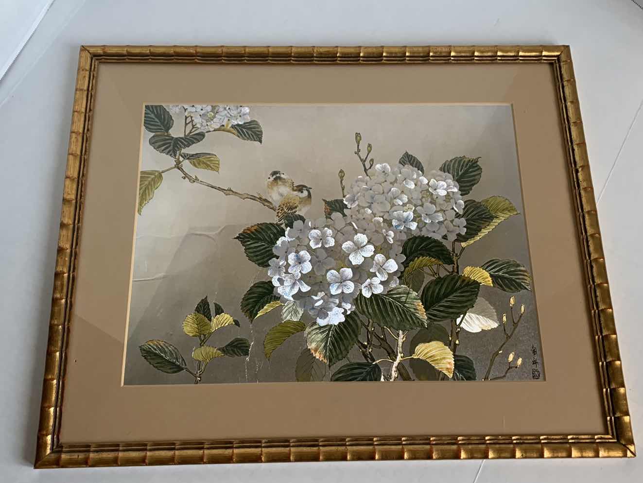 Photo 1 of $135 ASIAN METALLIC ART PRINT BIRDS AND FLOWERS 31” X 17”