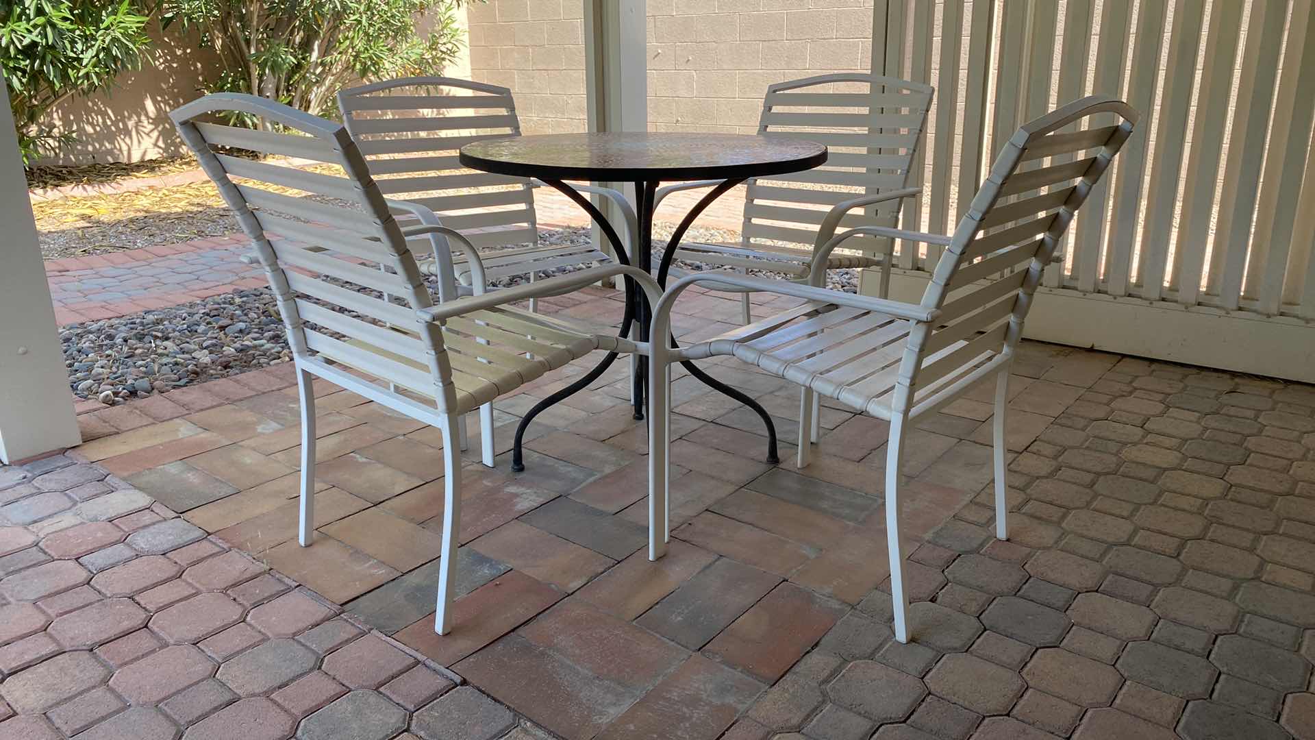 Photo 2 of MOSAIC PATIO TABLE 32” X 30.5” WITH 4 STRAP CHAIRS