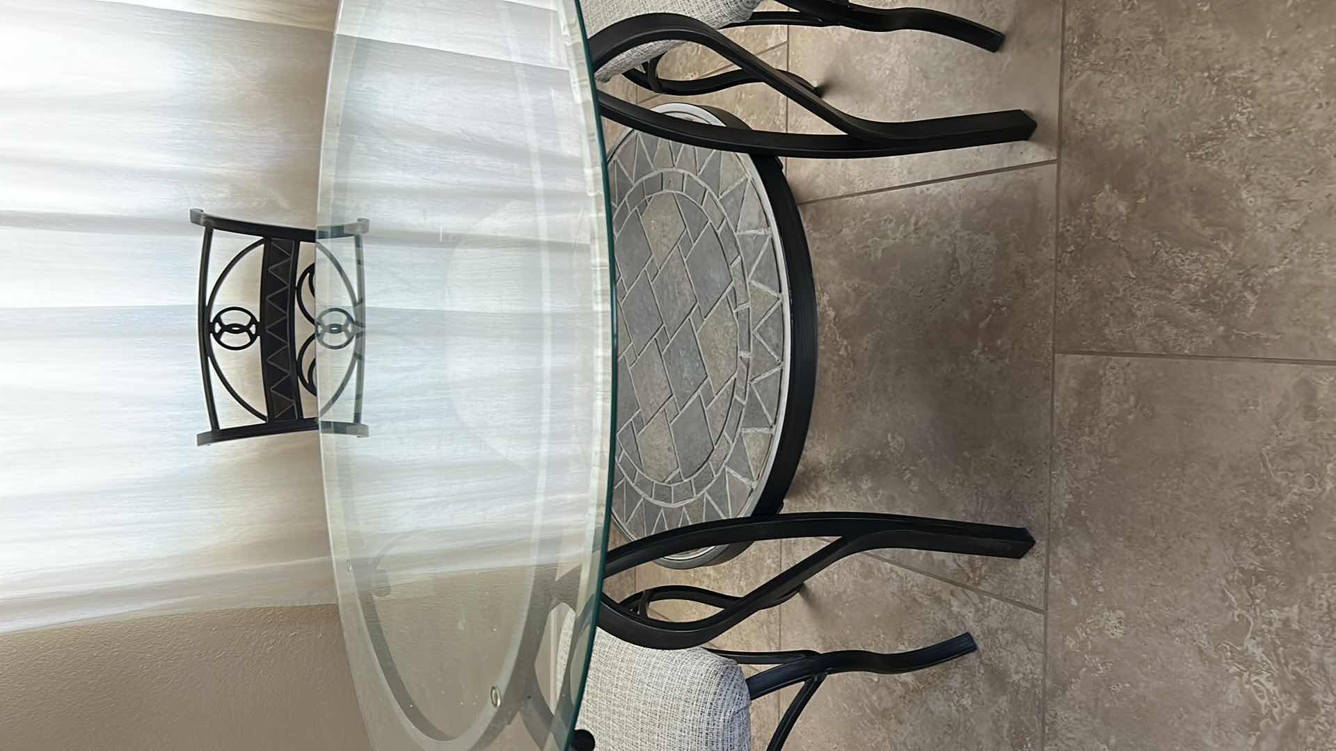 Photo 3 of  48" ROUND WROUGHT IRON TABLE W GLASSTOP & 4 SIDE CHAIRS W PADDED SEAT