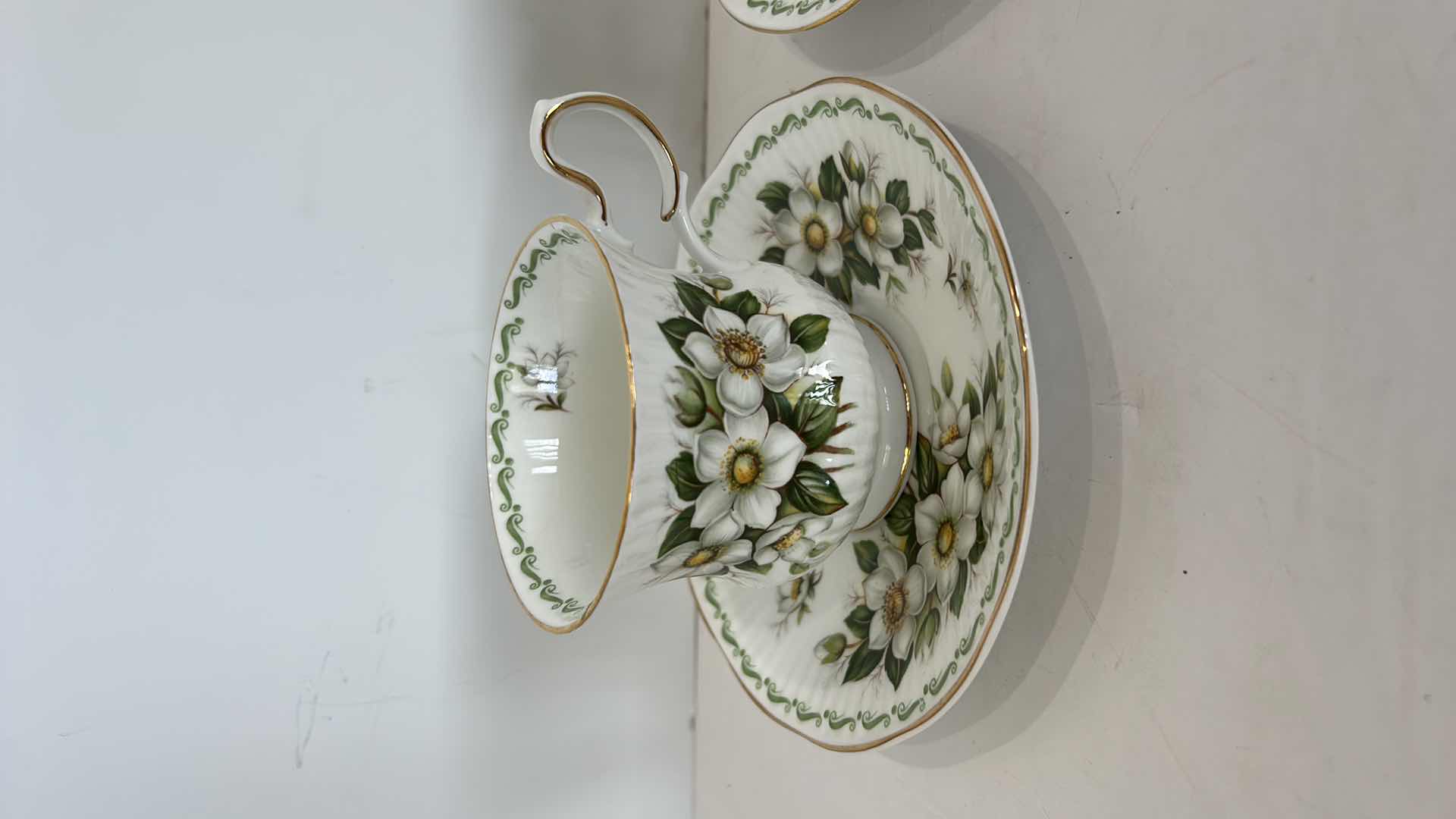Photo 2 of 2 COLLECTIBE PORCELAIN TEACUPS AND SAUCERS, FINE BONE CHINA  FROM ENGLAND CHRISTMAS ROSE AND SWEET PEA