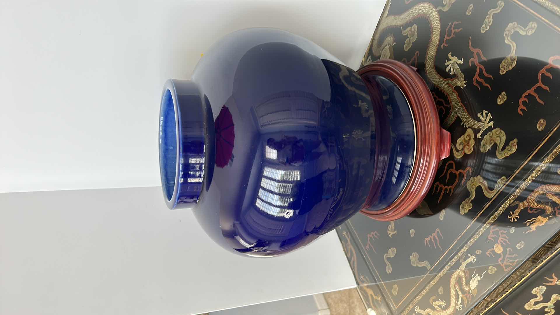 Photo 3 of ;ARGE HEAVY BLUE CERAMIC GINGER JAR WITH WOOD STAND , JAR 17” x 16”