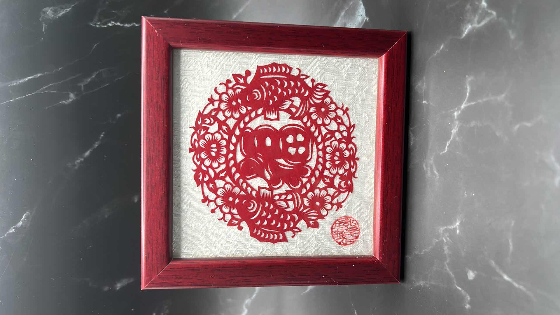 Photo 2 of 2- CHINESE COLLECTIBLES- STAMPED NUMBERED PORCELAIN PANDA BEAR. FRAMED SILK FABRIC W SILK THREADS (panda bear is 3 1/2” x 2”)
