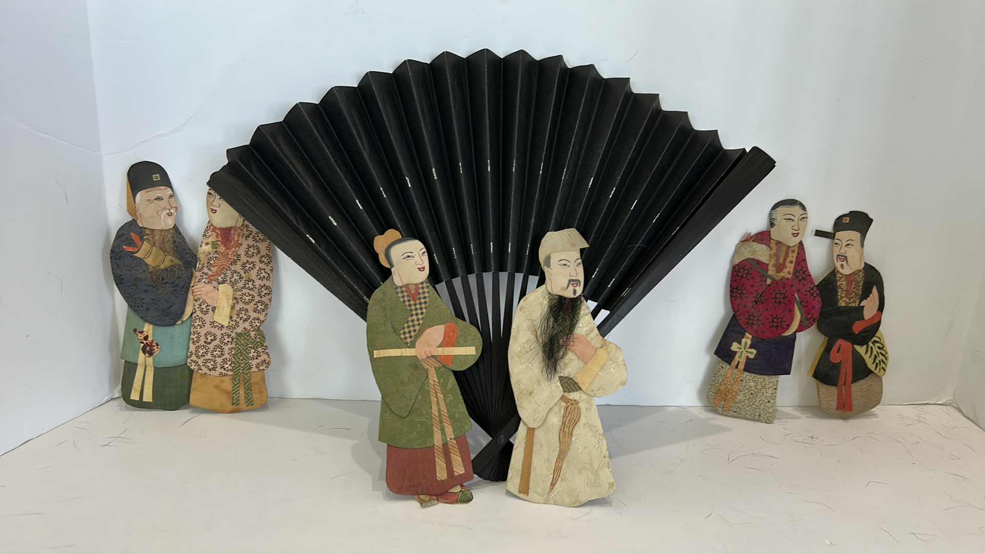 Photo 1 of VINTAGE CHINESE PAPER PRODUCTS FIGURES (TALLEST 6") AND PAPER FAN