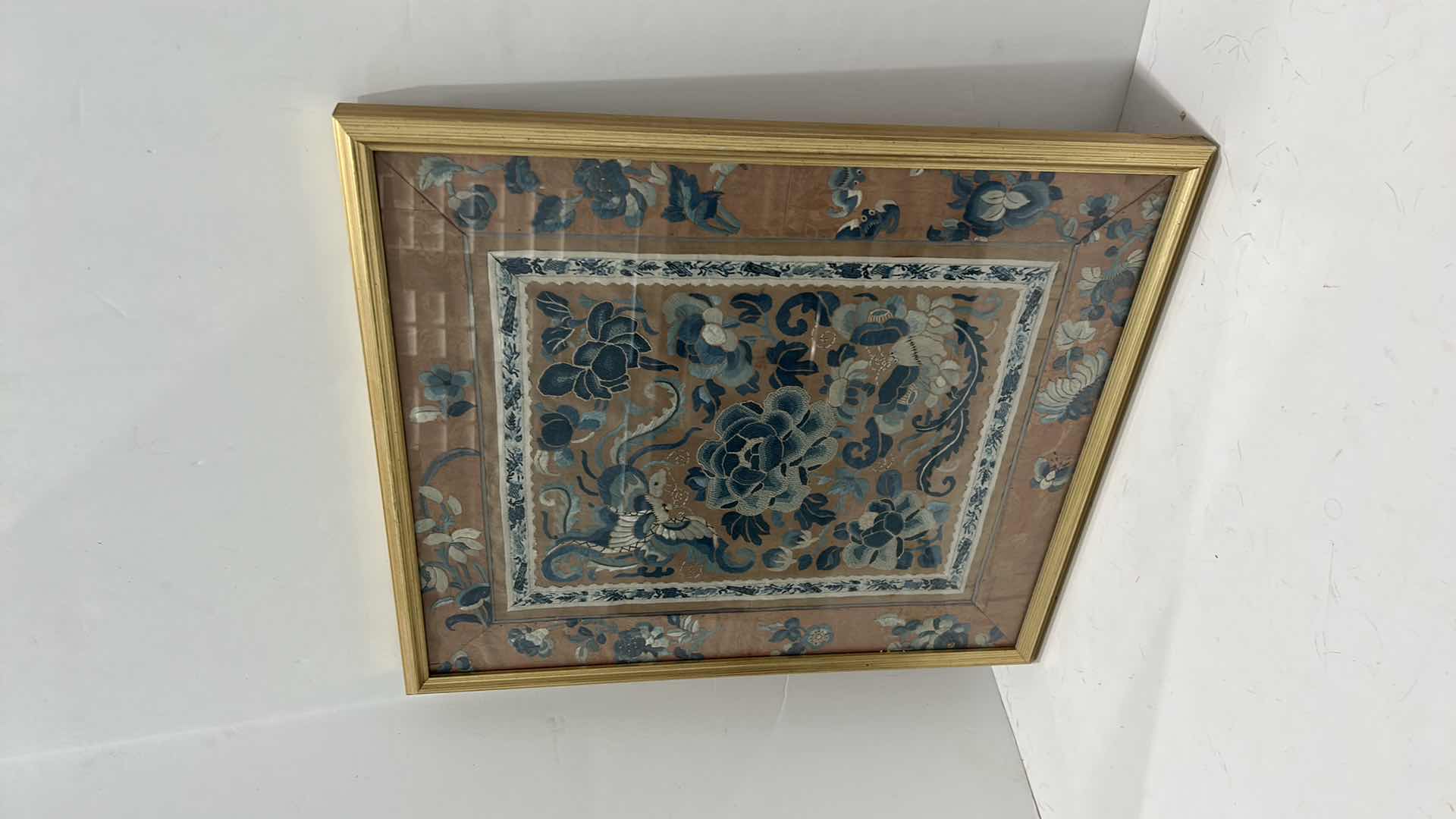 Photo 5 of ANTIQUE CHINESE TEXTILE FABRIC, SILK WITH SILK THREAD HAND EMBROIDERY ARTWORK FRAMED14 1/2” x 17” 16 1/2” x 18 1/2”