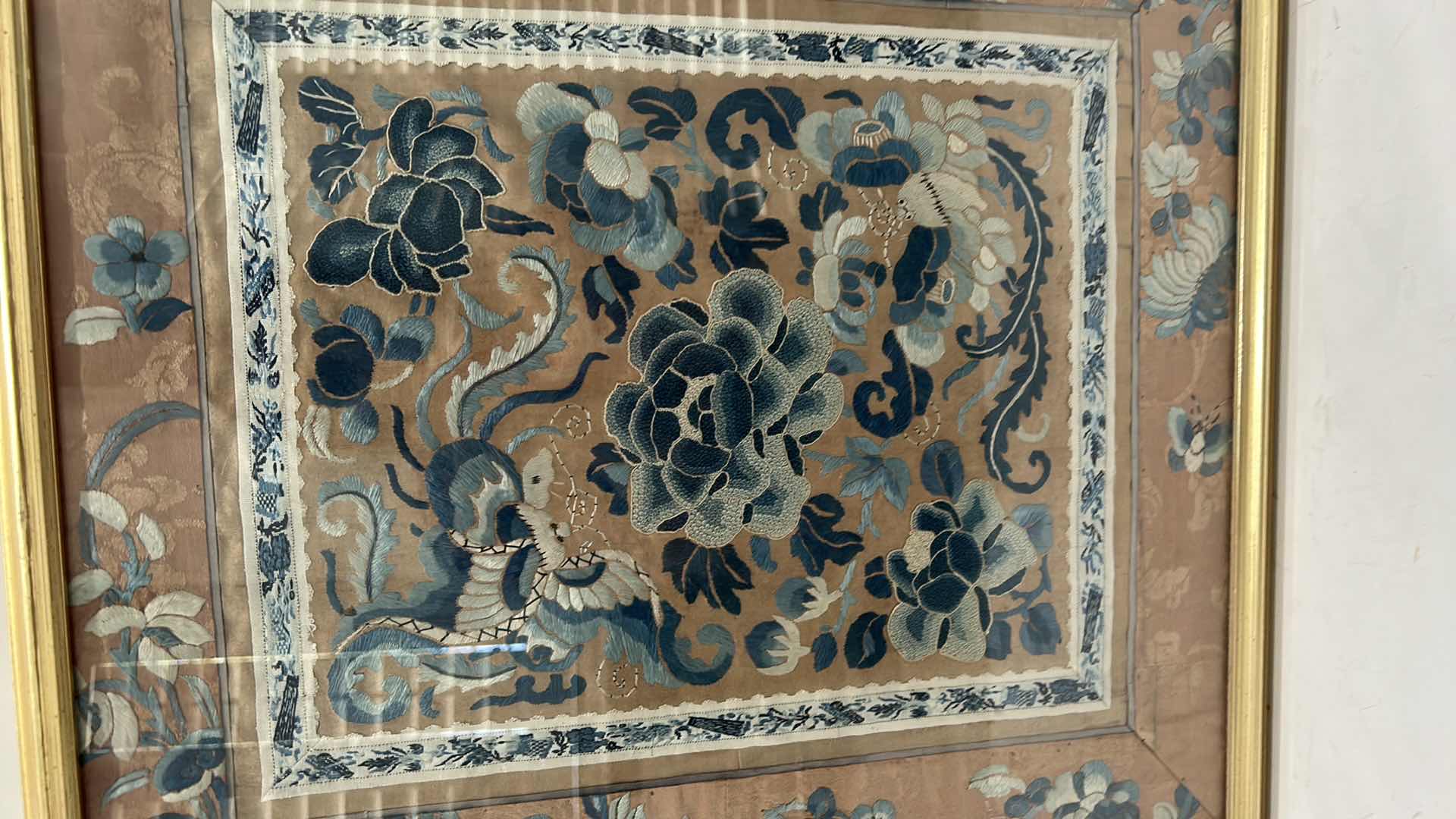Photo 3 of ANTIQUE CHINESE TEXTILE FABRIC, SILK WITH SILK THREAD HAND EMBROIDERY ARTWORK FRAMED14 1/2” x 17” 16 1/2” x 18 1/2”