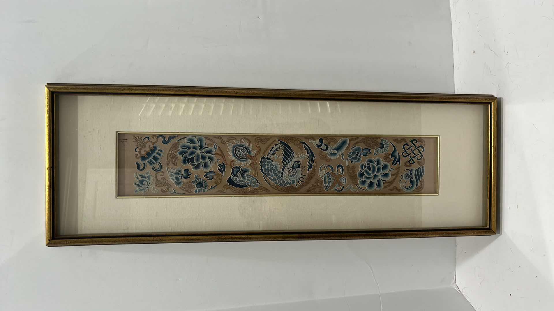 Photo 6 of SHADOW BOX WITH VINTAGE SILK TEXTILE FABRIC WITH SILK EMBROIDERY, ARTWORK 10 1/2” x 29”