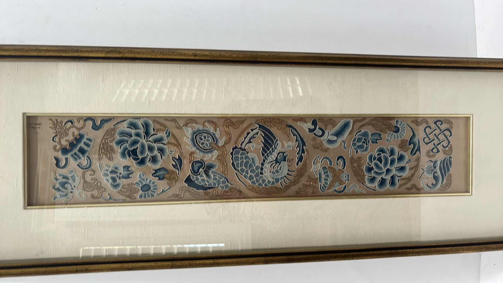 Photo 2 of SHADOW BOX WITH VINTAGE SILK TEXTILE FABRIC WITH SILK EMBROIDERY, ARTWORK 10 1/2” x 29”