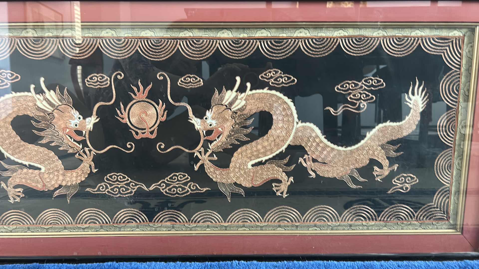 Photo 4 of ANTIQUE CHINESE TEXTILE FABRIC, DRAGONS  SILK WITH SILK THREAD HAND EMBROIDERY ARTWORK FRAMED 4’ x 19”