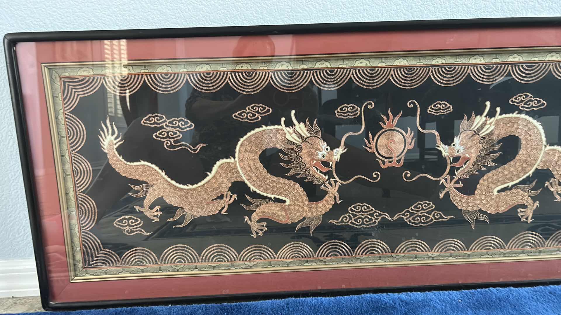 Photo 3 of ANTIQUE CHINESE TEXTILE FABRIC, DRAGONS  SILK WITH SILK THREAD HAND EMBROIDERY ARTWORK FRAMED 4’ x 19”