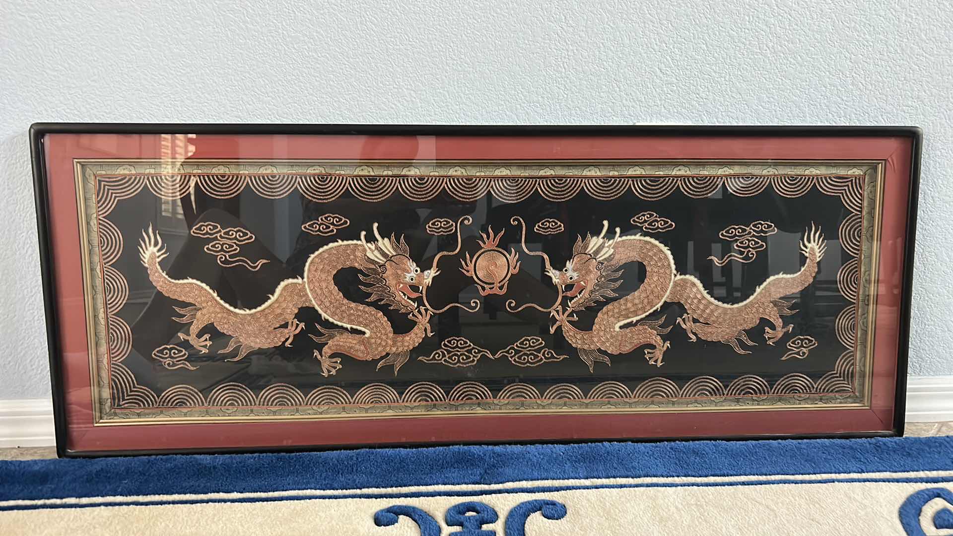 Photo 9 of ANTIQUE CHINESE TEXTILE FABRIC, DRAGONS  SILK WITH SILK THREAD HAND EMBROIDERY ARTWORK FRAMED 4’ x 19”