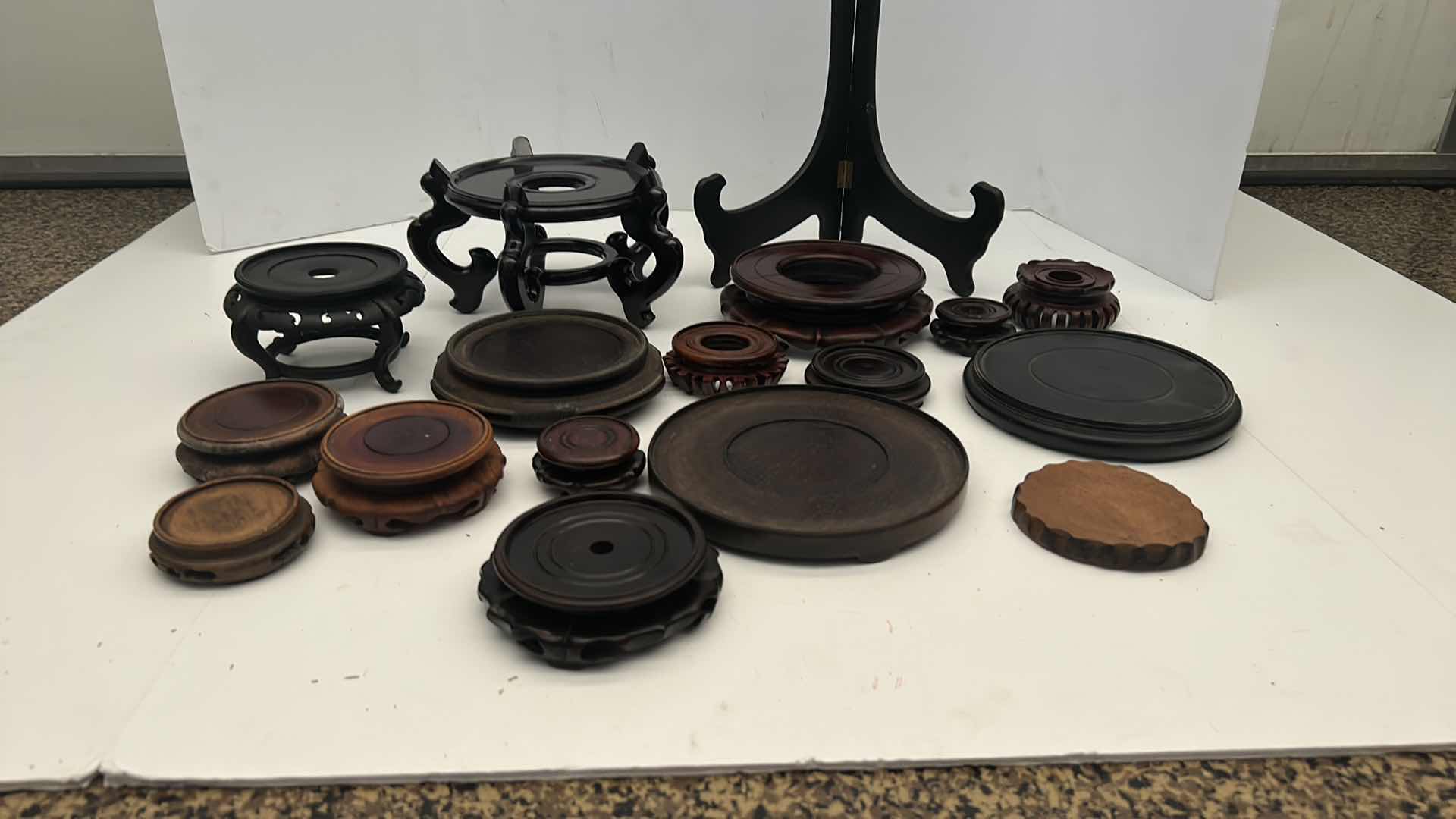 Photo 8 of BOX OF CHINESE WOOD VASE / POT STANDS, LARGEST FITS  7.25” BASE