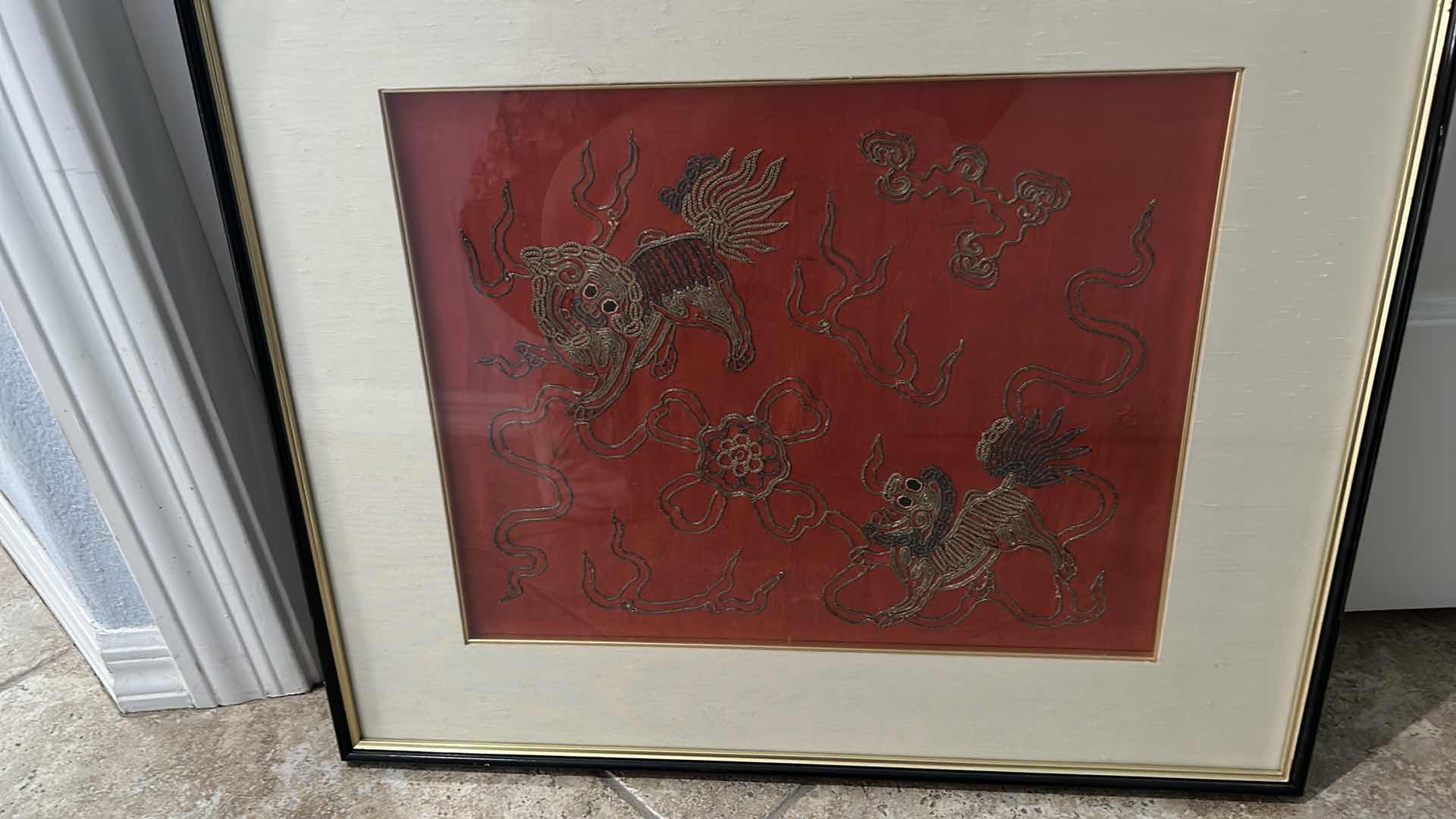 Photo 5 of VINTAGE CHINESE SILK FABRIC WITH SILK EMROIDERY FRAMED ARTWORK 21” x 25”