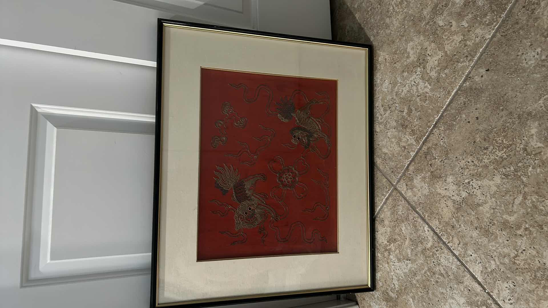 Photo 3 of VINTAGE CHINESE SILK FABRIC WITH SILK EMROIDERY FRAMED ARTWORK 21” x 25”