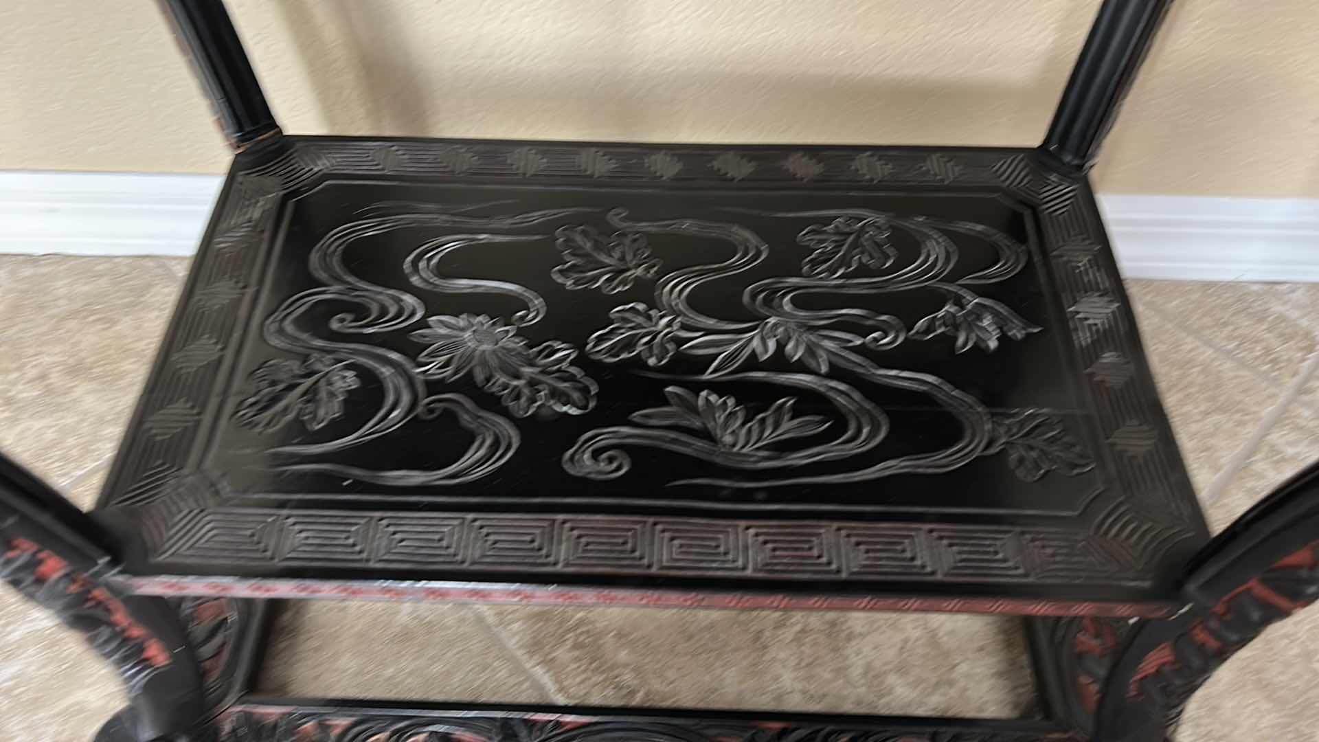 Photo 3 of VINTAGE ORNATELY CARVED ASIAN WOOD/LACQUER GLASS TOP TABLE  24 1/2“ x 17“ x H31“