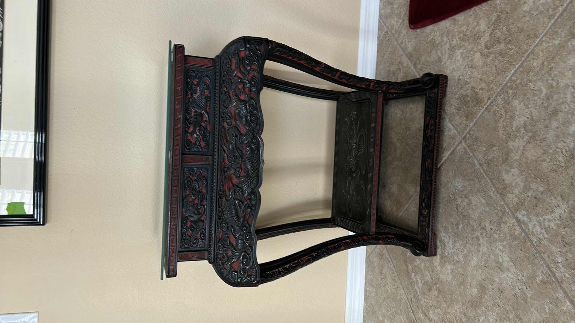 Photo 9 of VINTAGE ORNATELY CARVED ASIAN WOOD/LACQUER GLASS TOP TABLE  24 1/2“ x 17“ x H31“