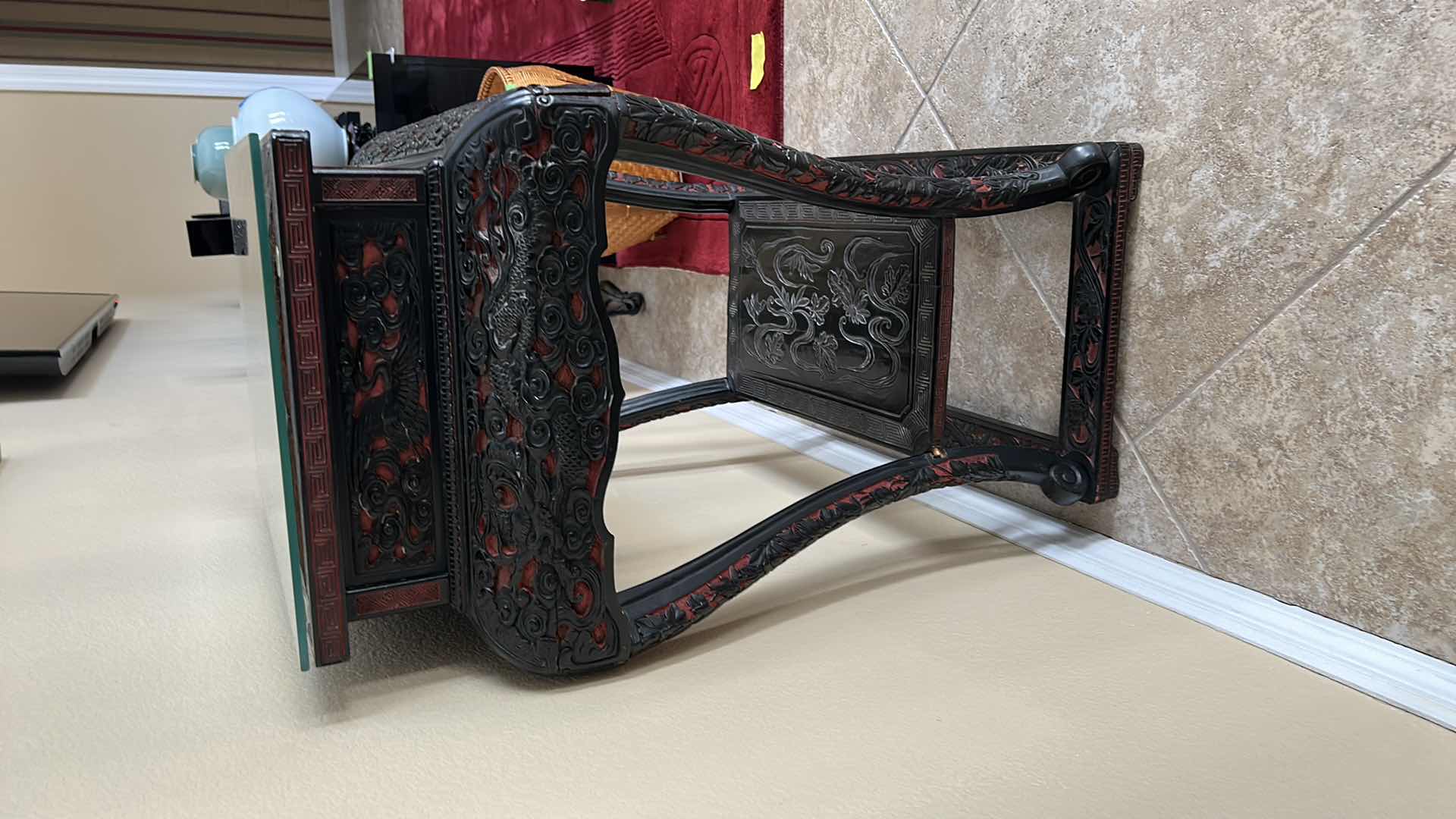 Photo 6 of VINTAGE ORNATELY CARVED ASIAN WOOD/LACQUER GLASS TOP TABLE  24 1/2“ x 17“ x H31“