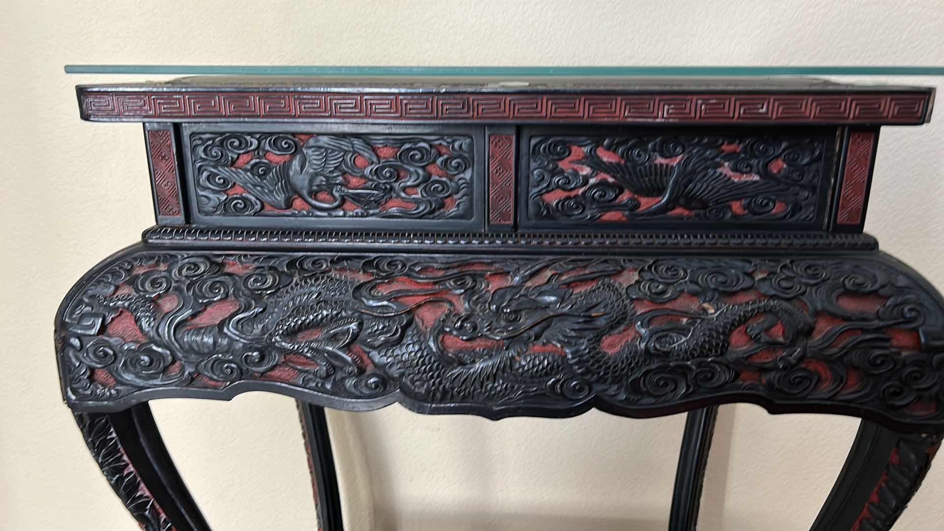 Photo 5 of VINTAGE ORNATELY CARVED ASIAN WOOD/LACQUER GLASS TOP TABLE  24 1/2“ x 17“ x H31“
