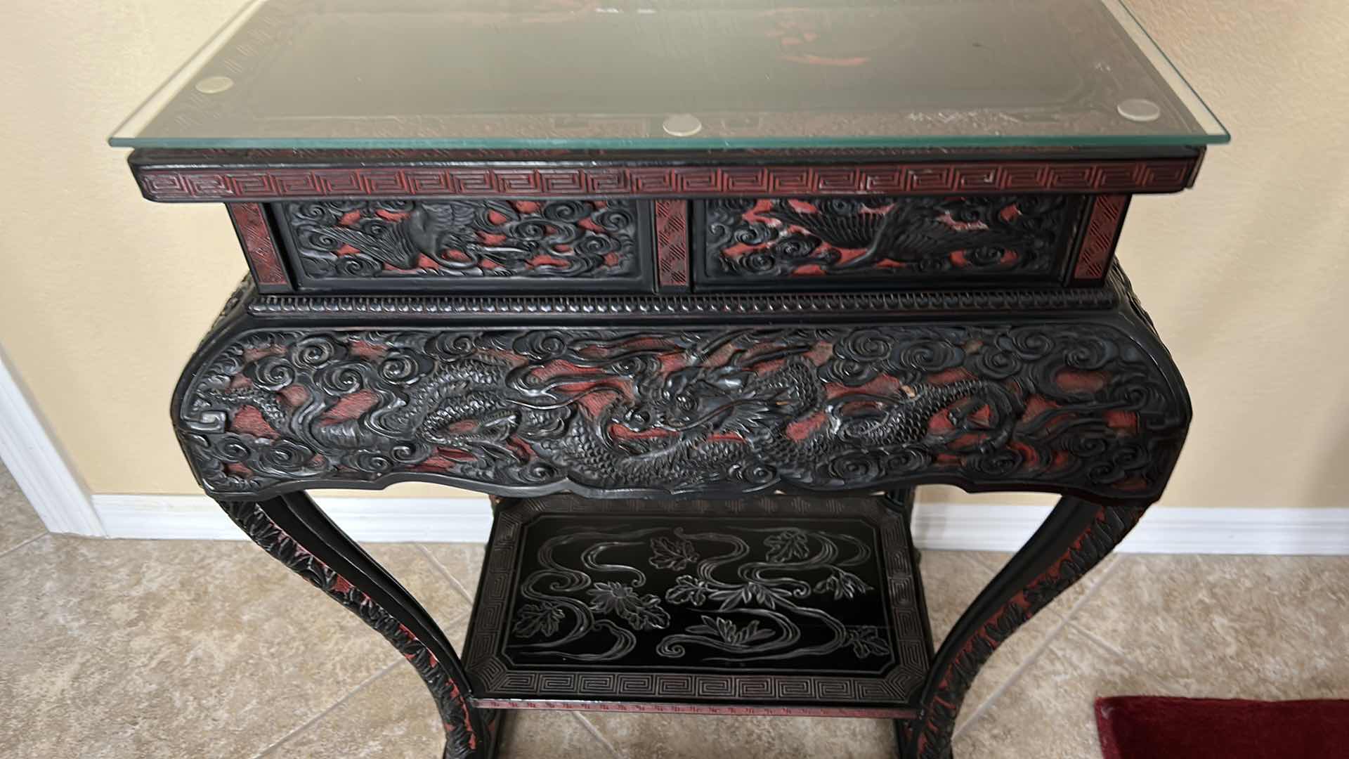 Photo 2 of VINTAGE ORNATELY CARVED ASIAN WOOD/LACQUER GLASS TOP TABLE  24 1/2“ x 17“ x H31“