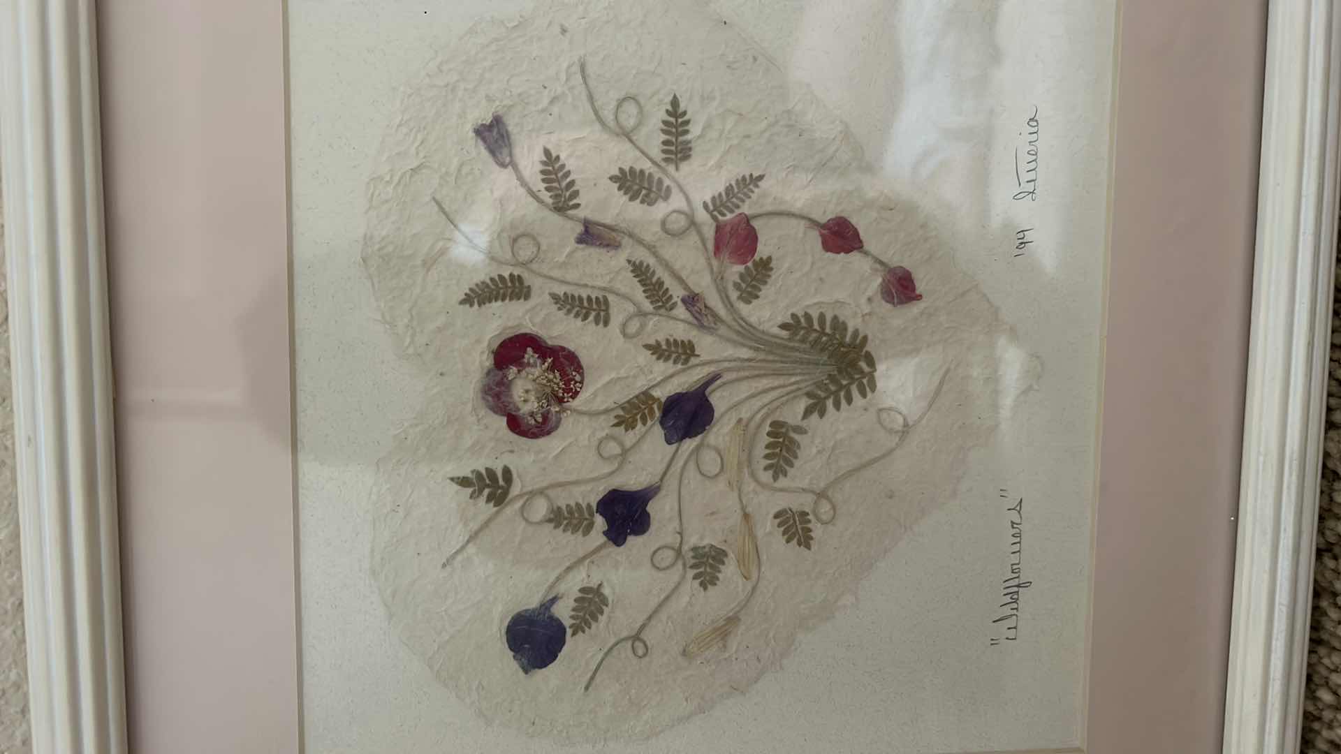 Photo 2 of "Wildflowers" signed pressed flower heart artwork framed 11“ x 11“