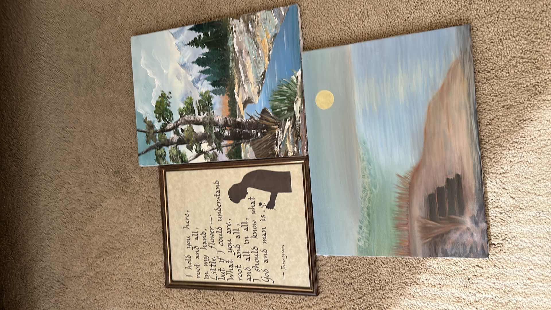 Photo 6 of 3 - pieces  of artwork, 2 original oil on canvas landscapes and 1 Jennyson  "saying". (2 canvases are 12” x 16”)