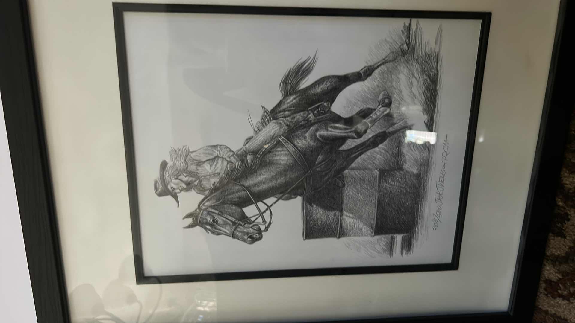 Photo 2 of BLACK AND WHITE PENCIL SKETCH SIGNED AND NUMBERED “BARREL RIDING” 17 1/2” x 22 1/2”