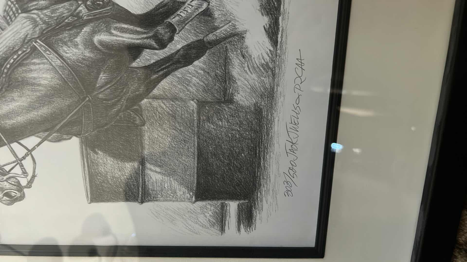 Photo 3 of BLACK AND WHITE PENCIL SKETCH SIGNED AND NUMBERED “BARREL RIDING” 17 1/2” x 22 1/2”