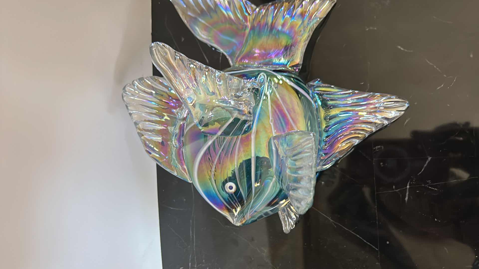 Photo 2 of HOME DECOR - HAND BLOWN GLASS IRIDESCENT FISH FIGURINE, SIGNED KEVIN FULTON, H10.5"