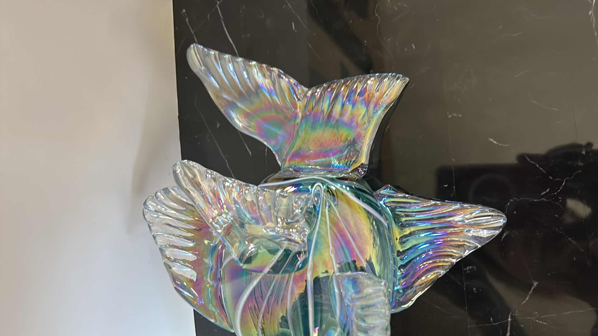 Photo 3 of HOME DECOR - HAND BLOWN GLASS IRIDESCENT FISH FIGURINE, SIGNED KEVIN FULTON, H10.5"