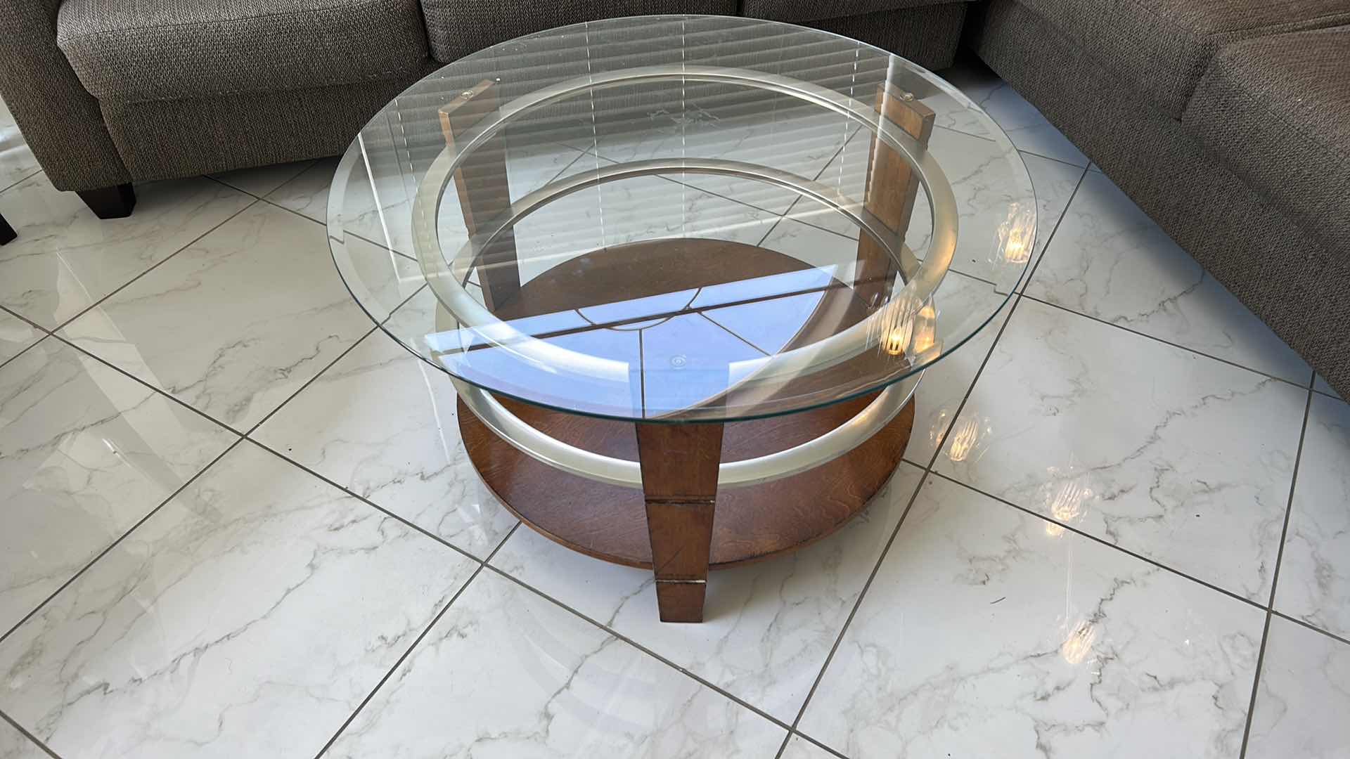 Photo 6 of WOOD CHROME AND GLASS ROUND COCKTAIL TABLE  36” x 20”