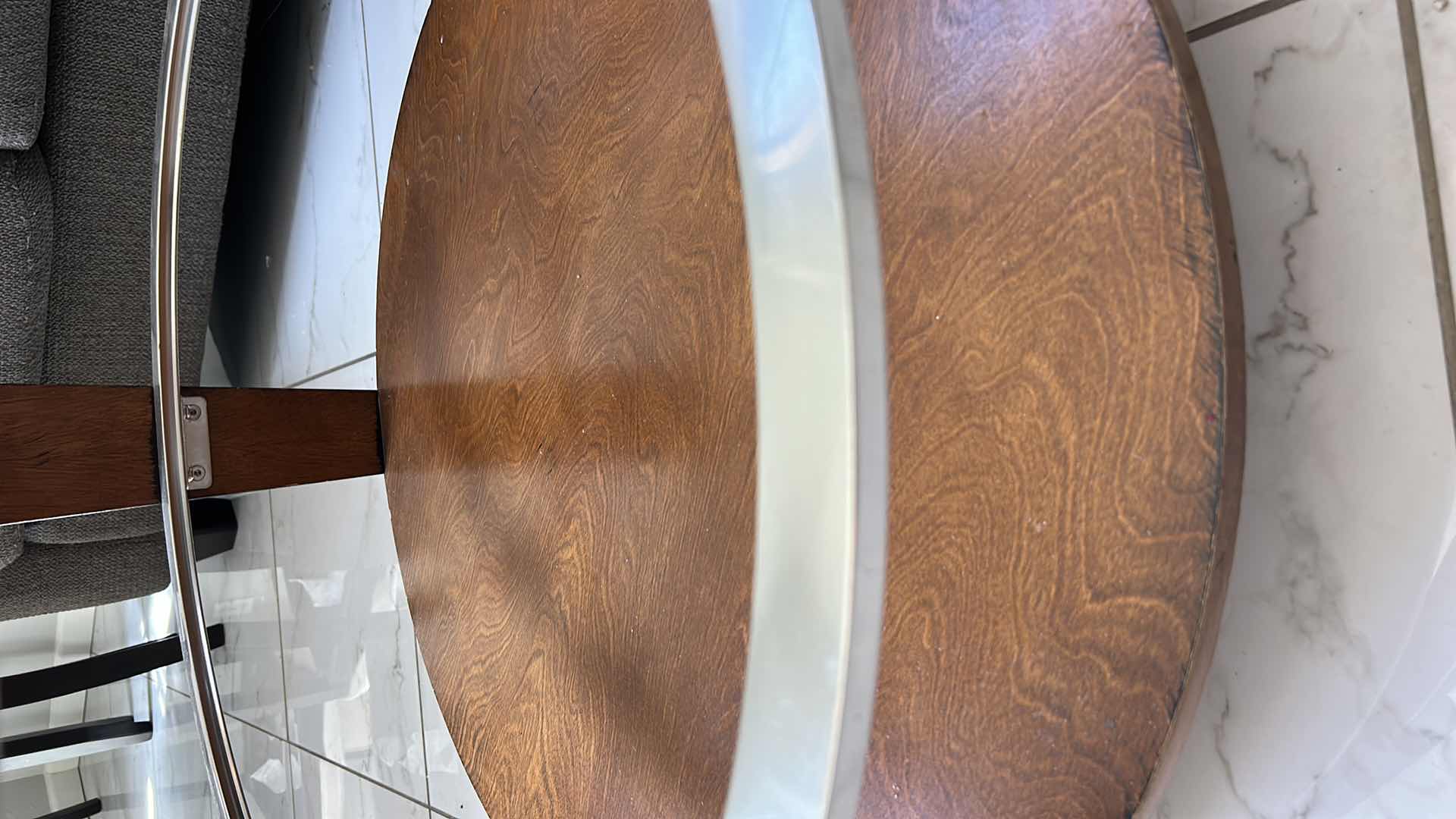 Photo 4 of WOOD CHROME AND GLASS ROUND COCKTAIL TABLE  36” x 20”