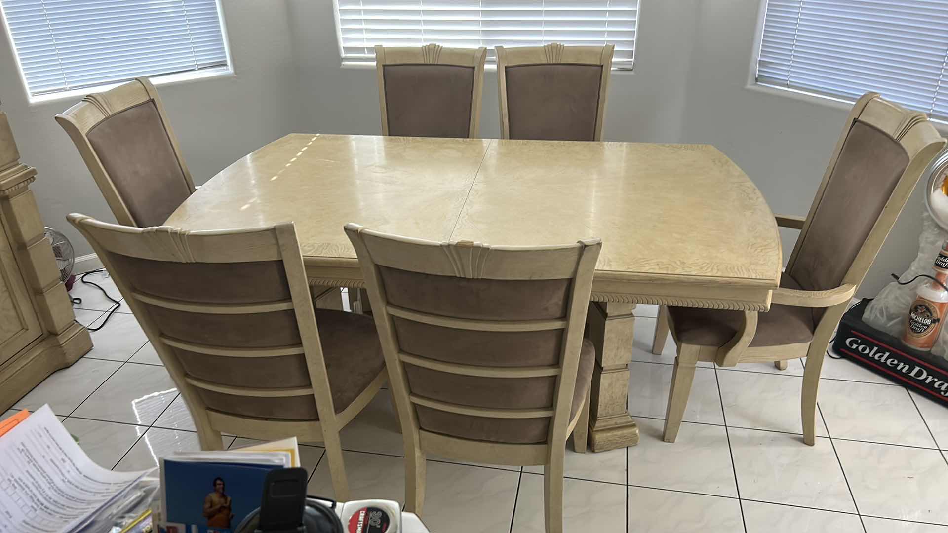 Photo 2 of HONEY BLOND DINING ROOM TABLE AND 6 CHAIRS 76” x 44”