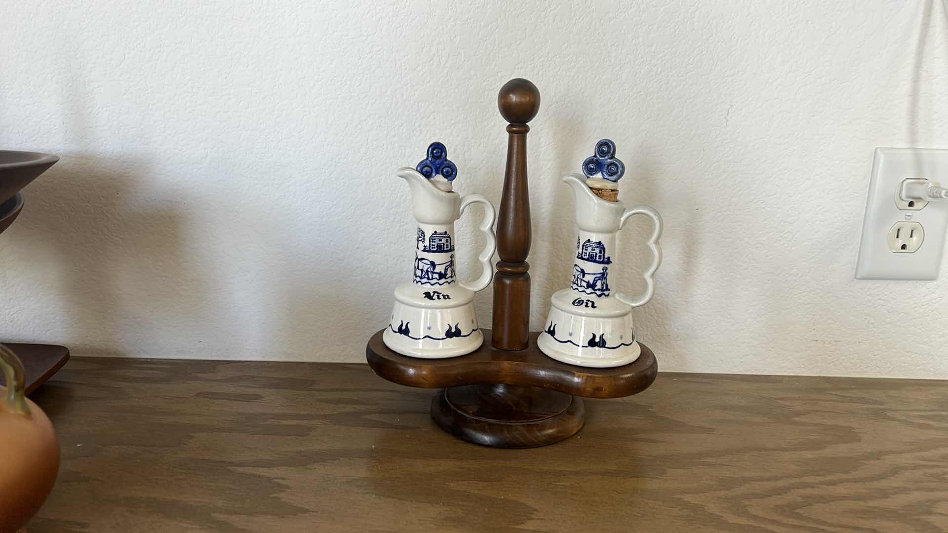 Photo 2 of VINTAGE PAINTED PORCELAIN VINEGAR AND OIL ON WOOD STAND H10.5”