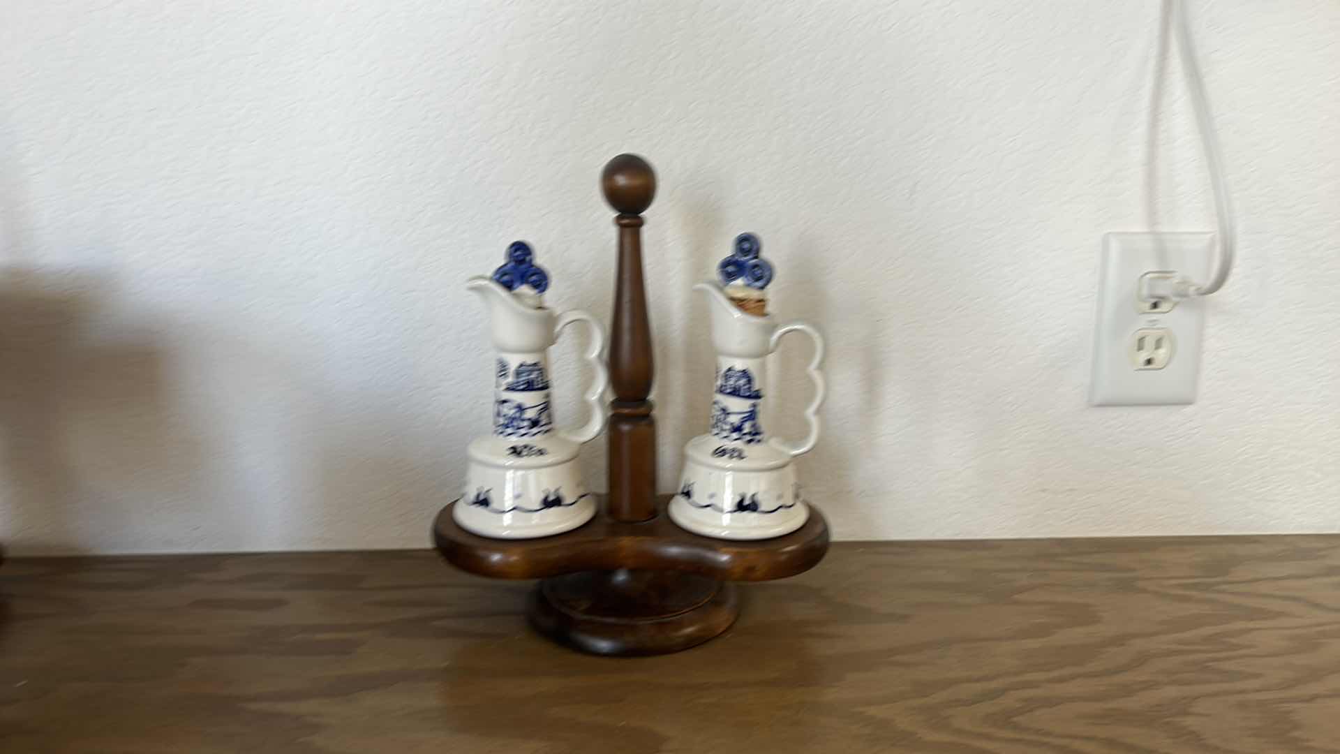 Photo 9 of VINTAGE PAINTED PORCELAIN VINEGAR AND OIL ON WOOD STAND H10.5”