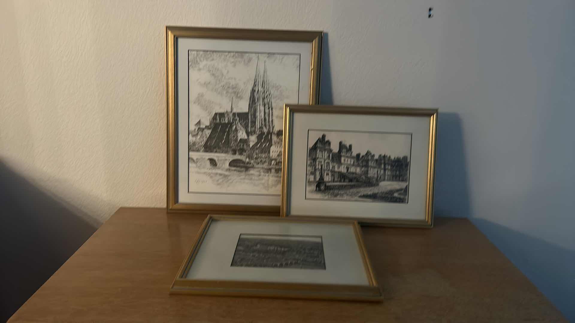 Photo 11 of 3 PC VINTAGE ART COLLECTION SIGNED DATED 1941 PEN AND INK GOLD FRAMED (LARGEST 14 1/4” x 17 1/2”)