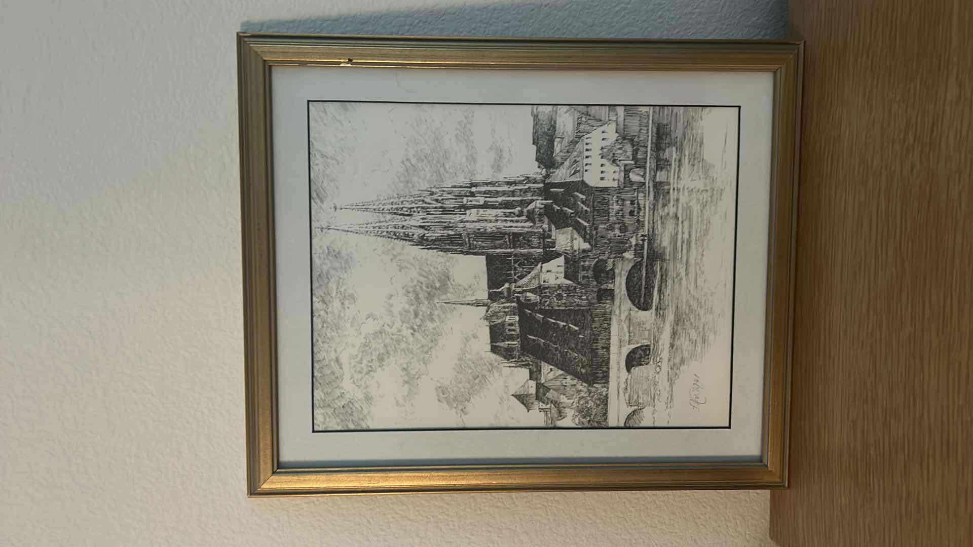 Photo 6 of 3 PC VINTAGE ART COLLECTION SIGNED DATED 1941 PEN AND INK GOLD FRAMED (LARGEST 14 1/4” x 17 1/2”)