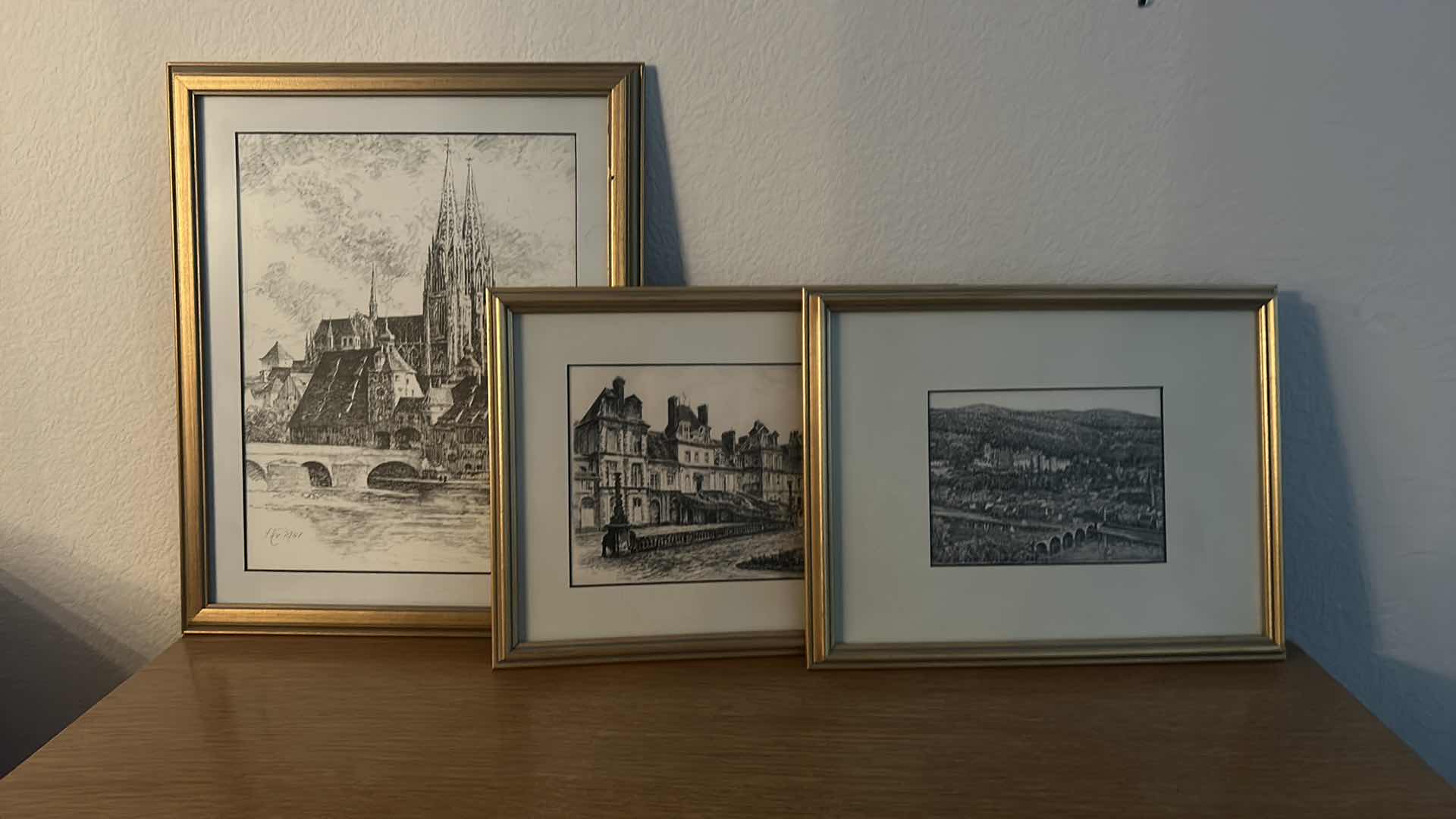 Photo 12 of 3 PC VINTAGE ART COLLECTION SIGNED DATED 1941 PEN AND INK GOLD FRAMED (LARGEST 14 1/4” x 17 1/2”)