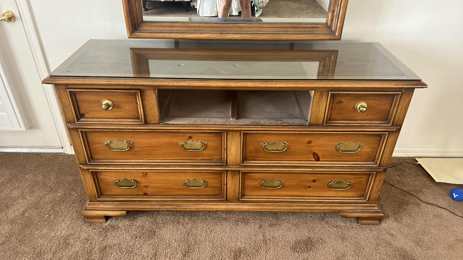 Photo 5 of DRESSER WITH MISSING DRAWER (COULD BE CUSTOMIZED) GLASS TOP AND ATTACHED MIRROR  62.5 x 21” x H 33”