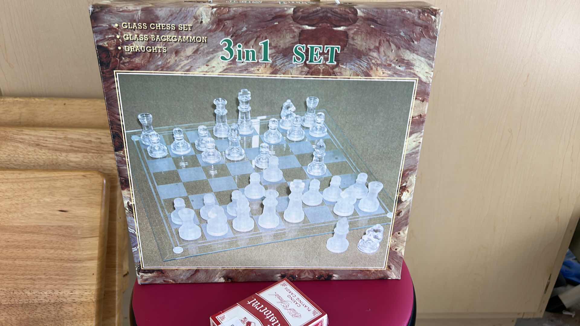 Photo 4 of 3 STANDS 1 STOOL (2’) 1 NEW GLASS CHESS SET AND SEALED MGM DECK OF CARDS (PLAYED)