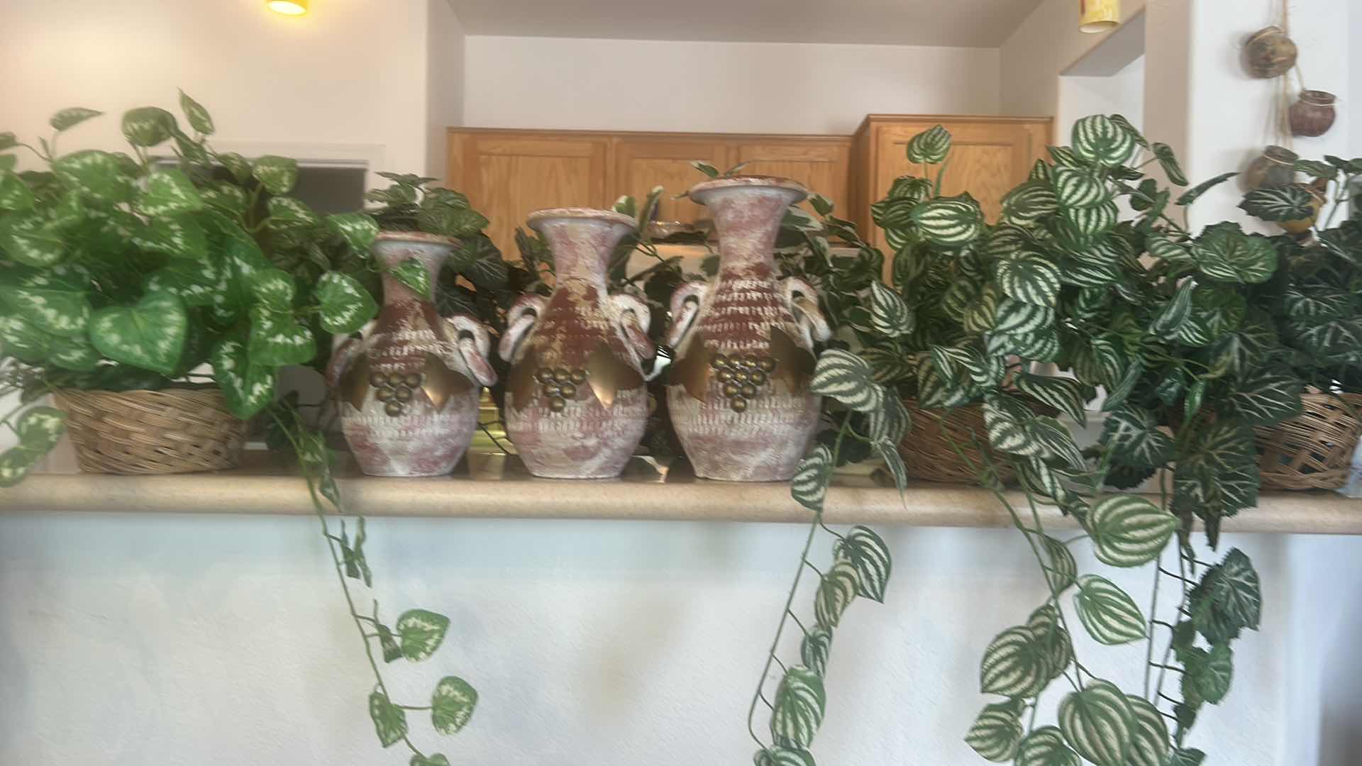 Photo 9 of HOME DECOR 6 BASKETS OF FAUX GREENERY AND 3 CLAY VASES TALLEST H12”