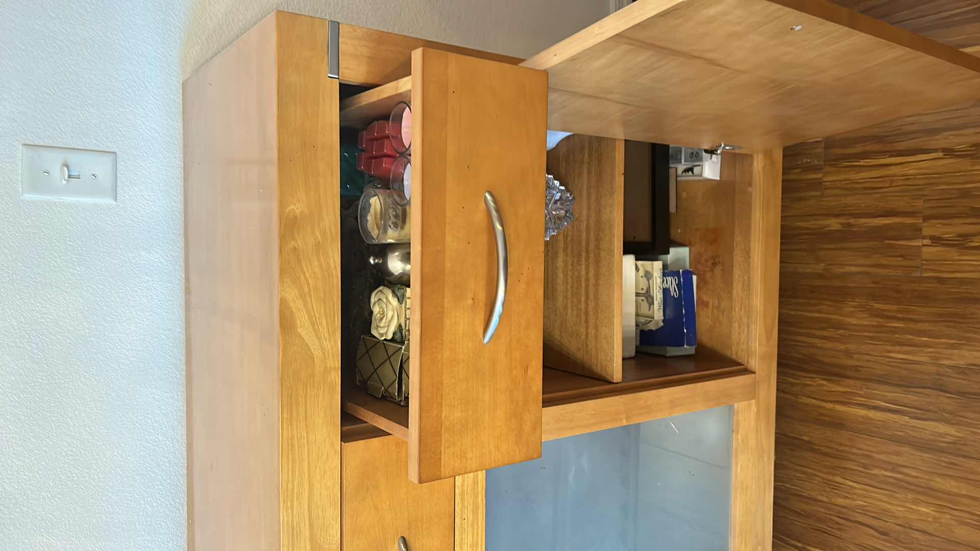 Photo 9 of BEAUTIFUL MID CENTURY BURL SATINWOOD SIDEBOARD WITH CHROME ACCENTS AND FROSTED GLASS (CONTENTS NOT INCLUDED) 67“ x 17“ x 40“