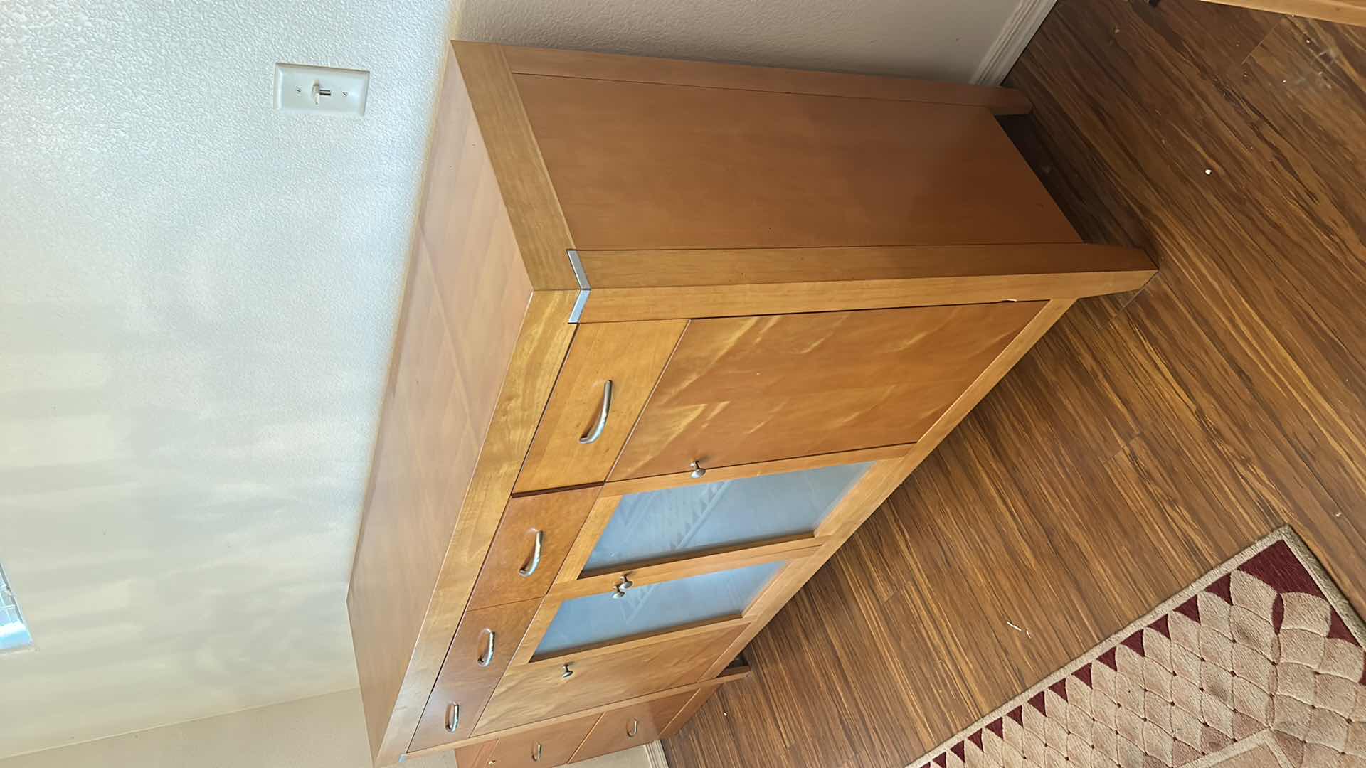 Photo 4 of BEAUTIFUL MID CENTURY BURL SATINWOOD SIDEBOARD WITH CHROME ACCENTS AND FROSTED GLASS (CONTENTS NOT INCLUDED) 67“ x 17“ x 40“