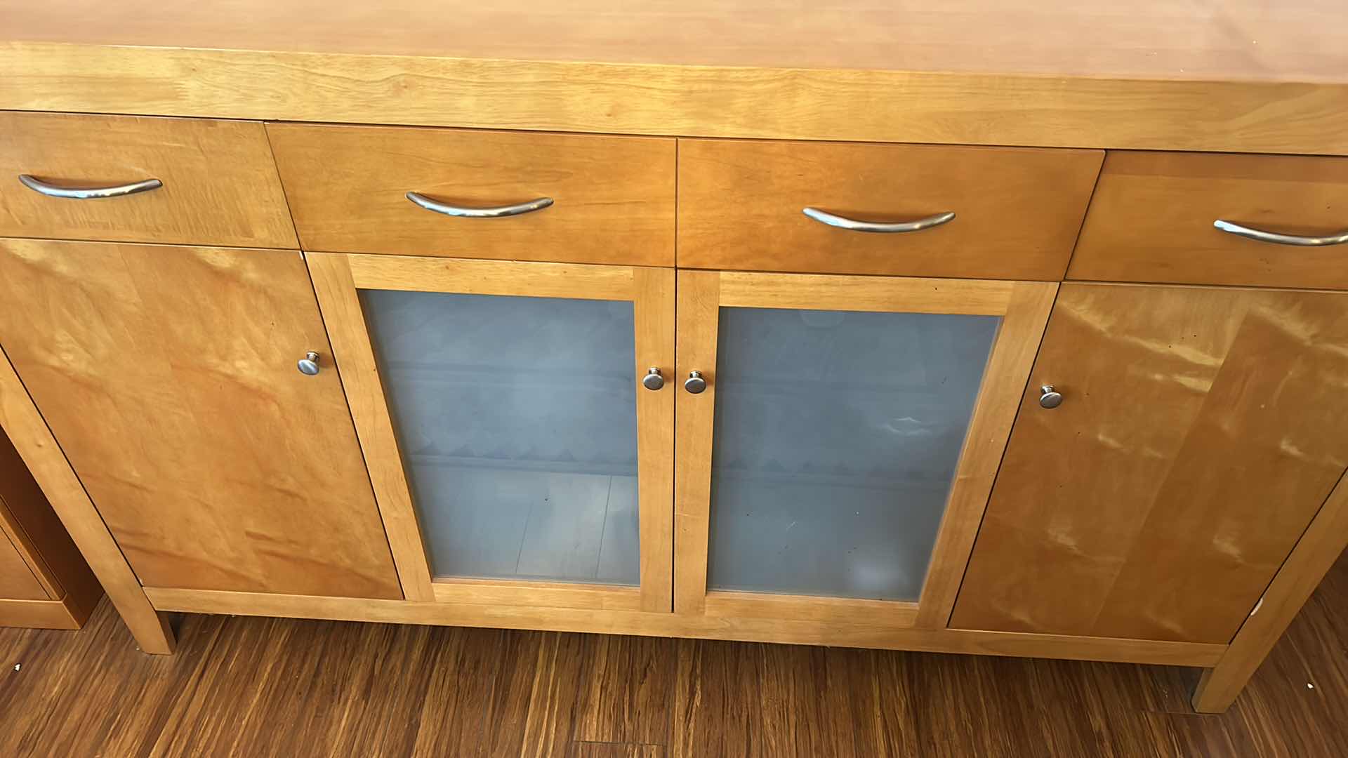 Photo 6 of BEAUTIFUL MID CENTURY BURL SATINWOOD SIDEBOARD WITH CHROME ACCENTS AND FROSTED GLASS (CONTENTS NOT INCLUDED) 67“ x 17“ x 40“