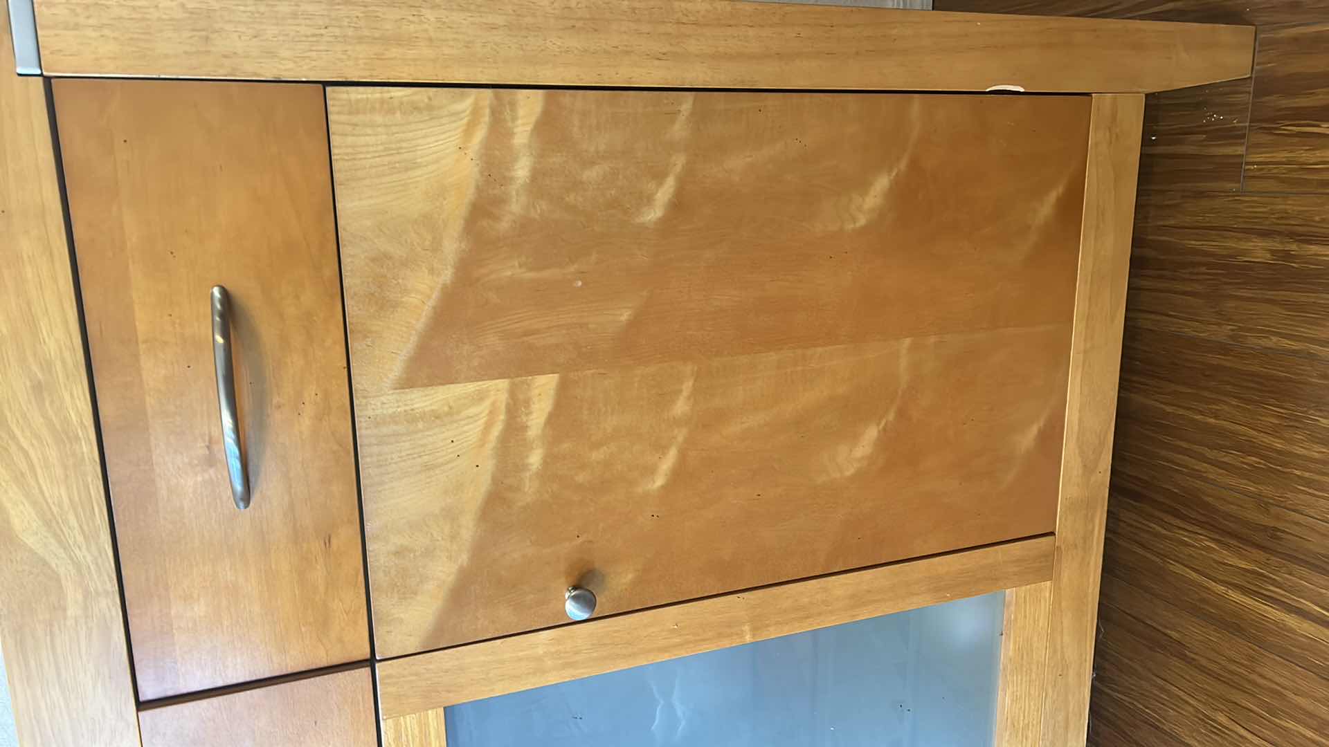 Photo 5 of BEAUTIFUL MID CENTURY BURL SATINWOOD SIDEBOARD WITH CHROME ACCENTS AND FROSTED GLASS (CONTENTS NOT INCLUDED) 67“ x 17“ x 40“
