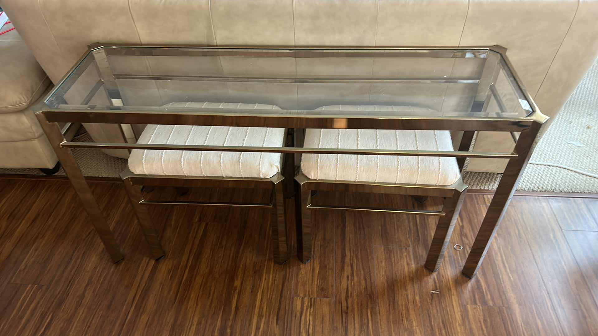 Photo 7 of MIDCENTURY MODERN 1979s MILO BAUGHMAN STYLE BRASS AND GLASS CONSOLE TABLE  w 2 STOOLS 51 1/2“ x 16“ x 26 1/2“